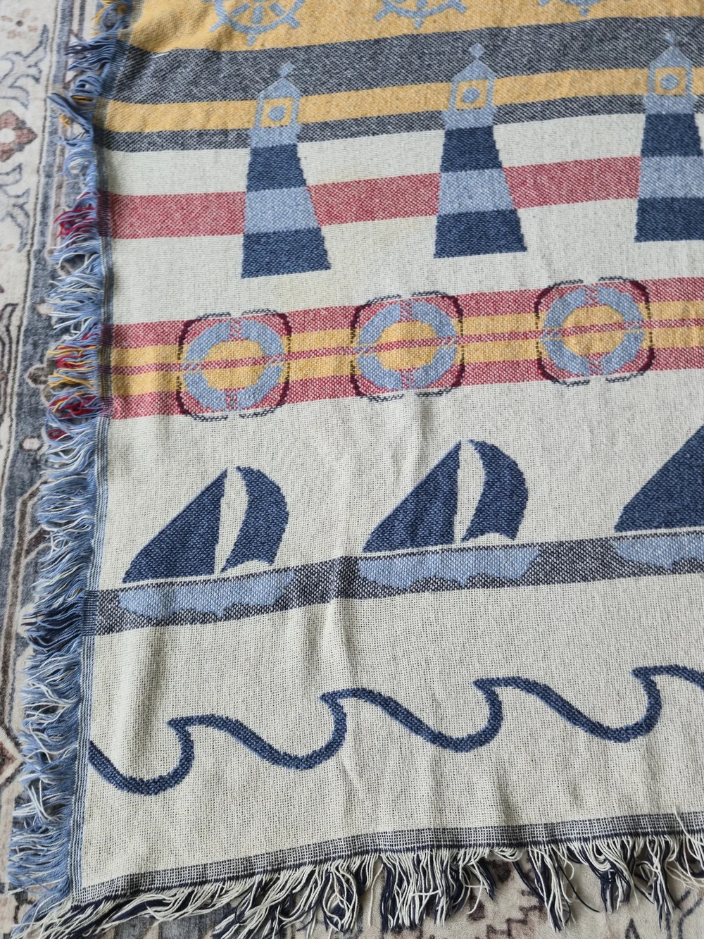 Vintage Nautical Woven Tapestry Throw Blanket 60x47 Coastal Beach Seaside Fringe
